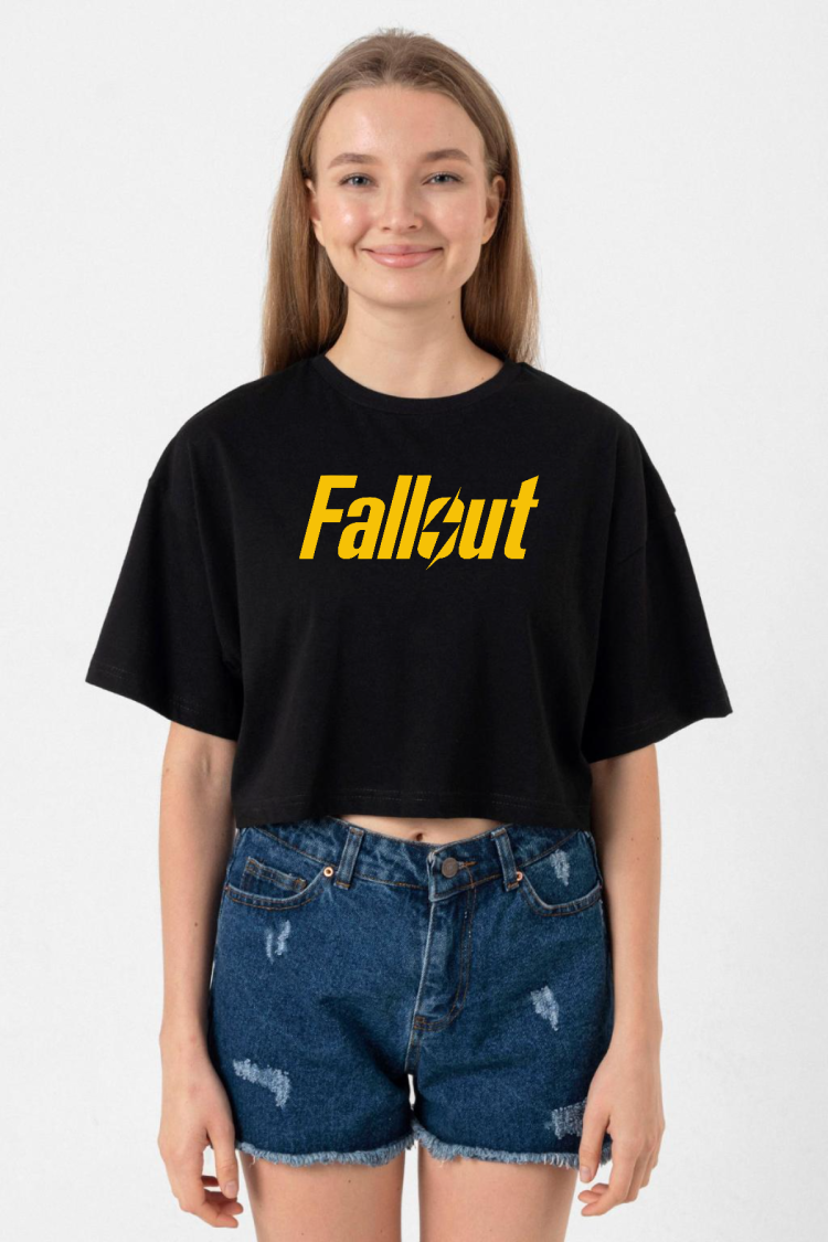 Fallout Lettern Siyah Kadın Crop Tshirt