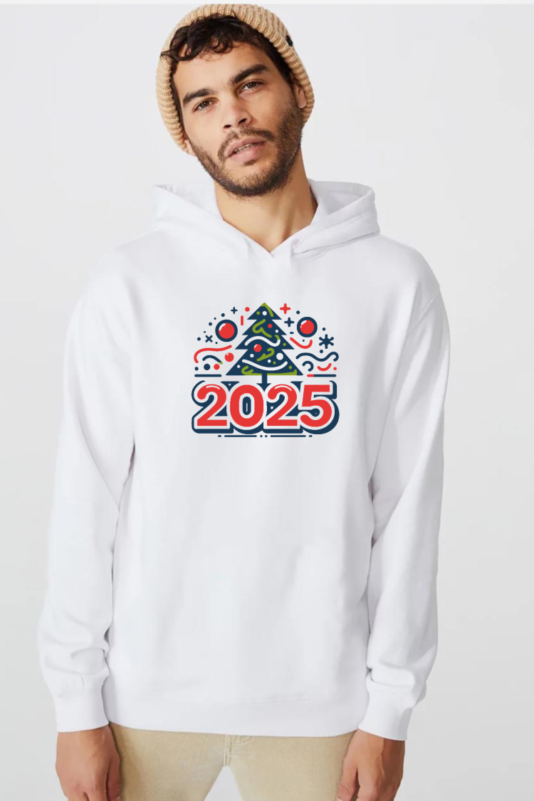 Happy New Year 2025 Essential Beyaz Erkek 3ip Kapşonlu  Sweatshirt