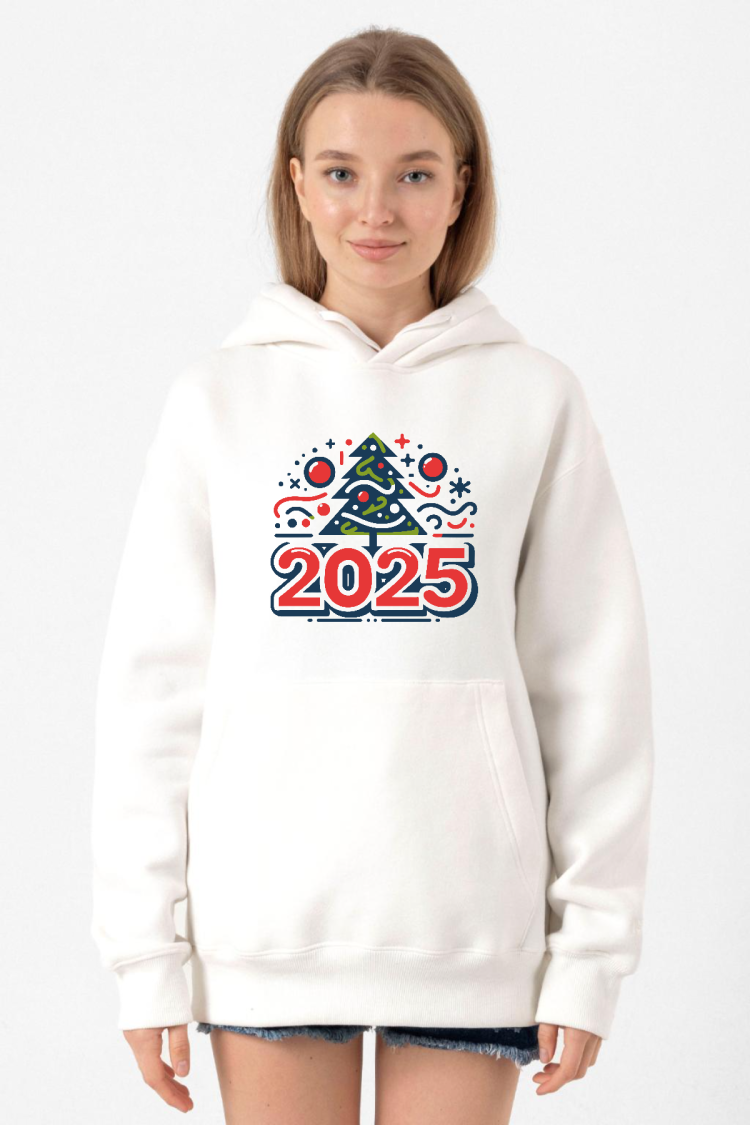 Happy New Year 2025 Essential Beyaz Kadın 3ip Kapşonlu Sweatshirt