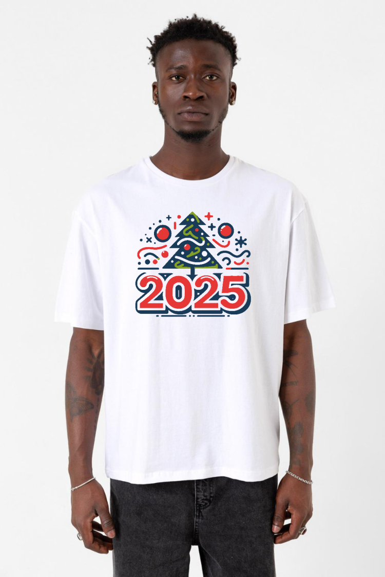 Happy New Year 2025 Essential Beyaz Erkek Oversize Tshirt