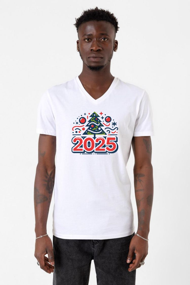 Happy New Year 2025 Essential Beyaz Erkek V yaka Tshirt