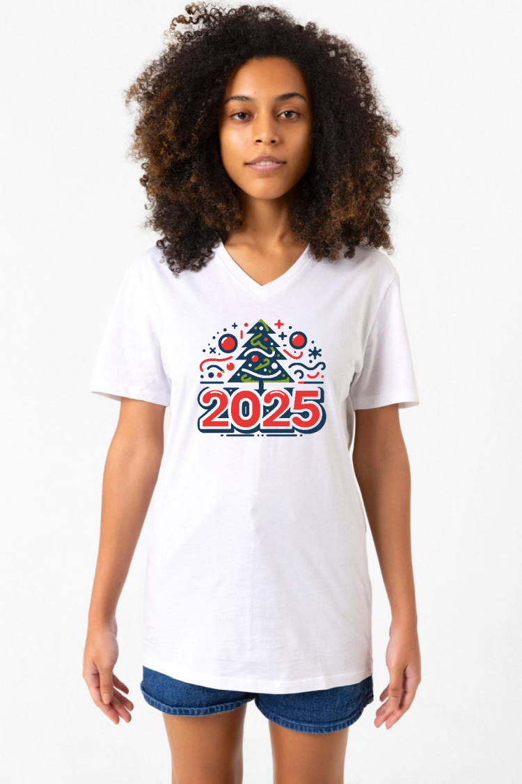 Happy New Year 2025 Essential Beyaz Kadın V yaka Tshirt