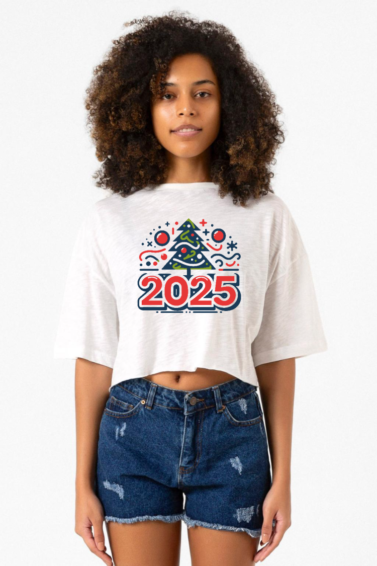 Happy New Year 2025 Essential Beyaz Kırçıllı Kadın Crop Tshirt