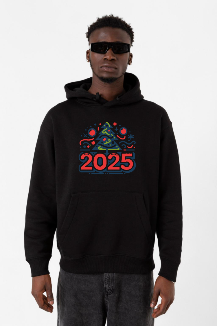 Happy New Year 2025 Essential Siyah Erkek 3ip Kapşonlu Sweatshirt