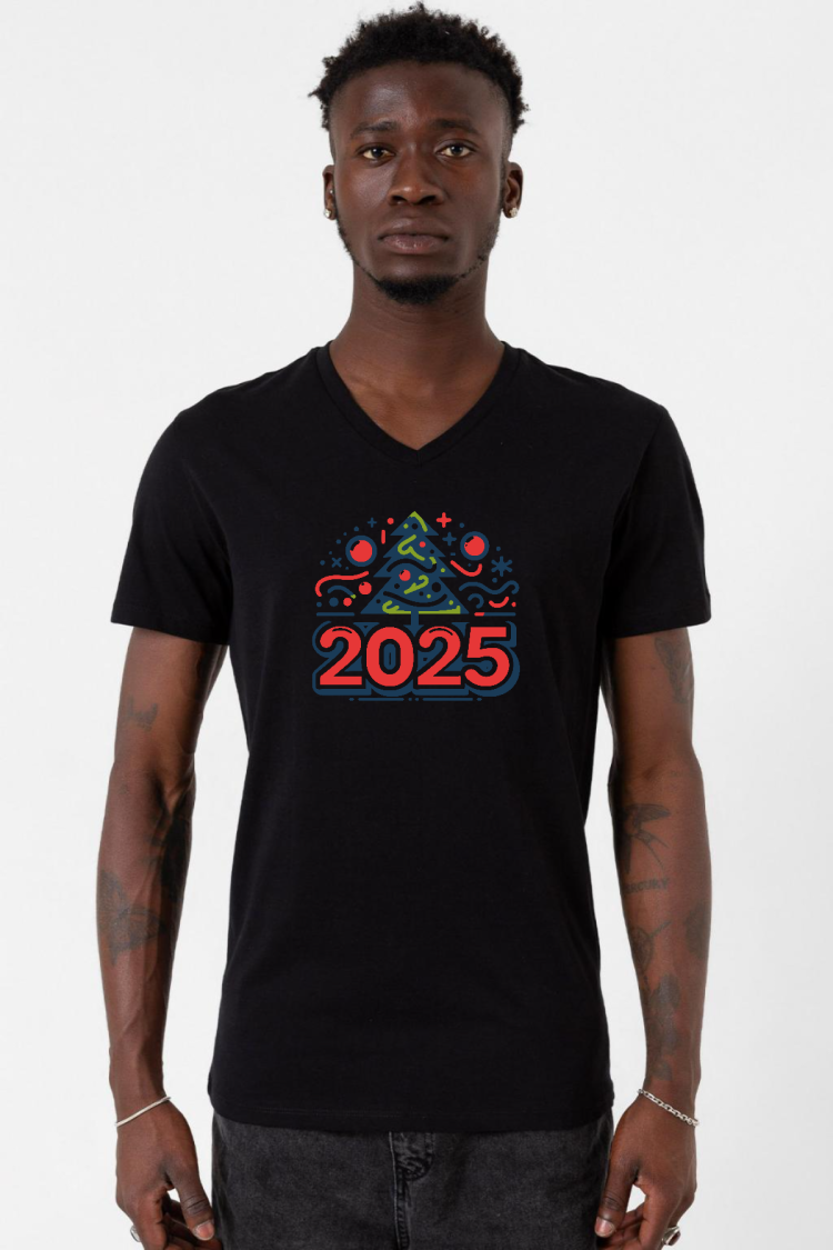 Happy New Year 2025 Essential Siyah Erkek V yaka Tshirt