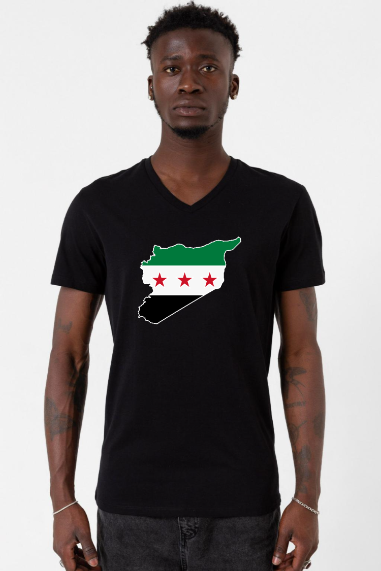 Suriye Yeni Bayrak Siyah Erkek V yaka Tshirt