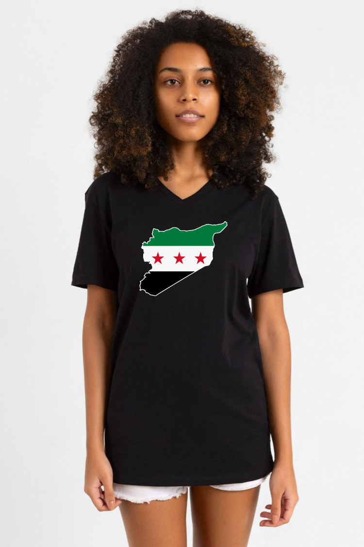 Suriye Yeni Bayrak Siyah Kadın V yaka Tshirt