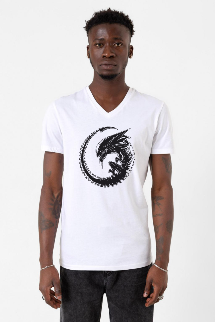 Allien Xenomorph Beyaz Erkek V yaka Tshirt