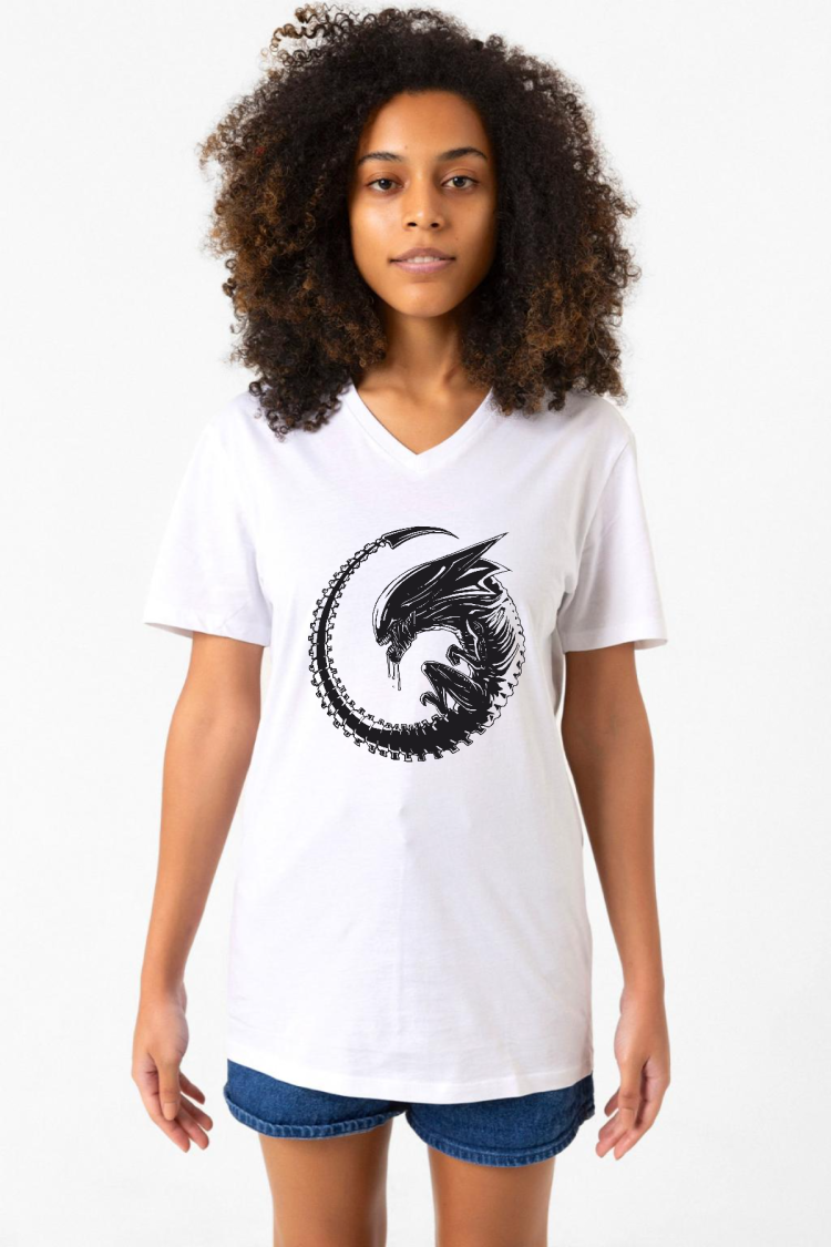 Allien Xenomorph Beyaz Kadın V yaka Tshirt