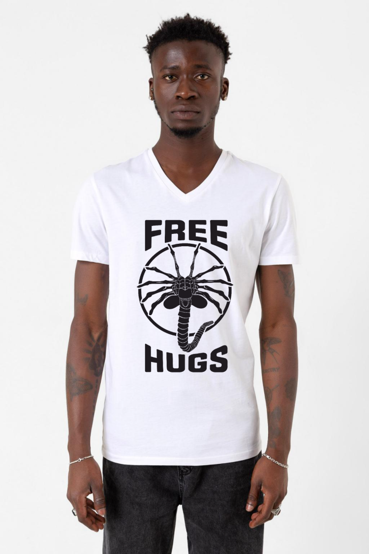 Free Facehugger Hugs Beyaz Erkek V yaka Tshirt