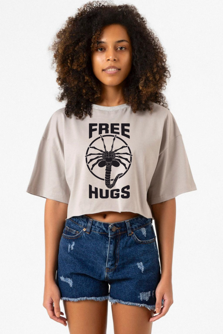 Free Facehugger Hugs Taş Rengi Kadın Crop Kapşonlu