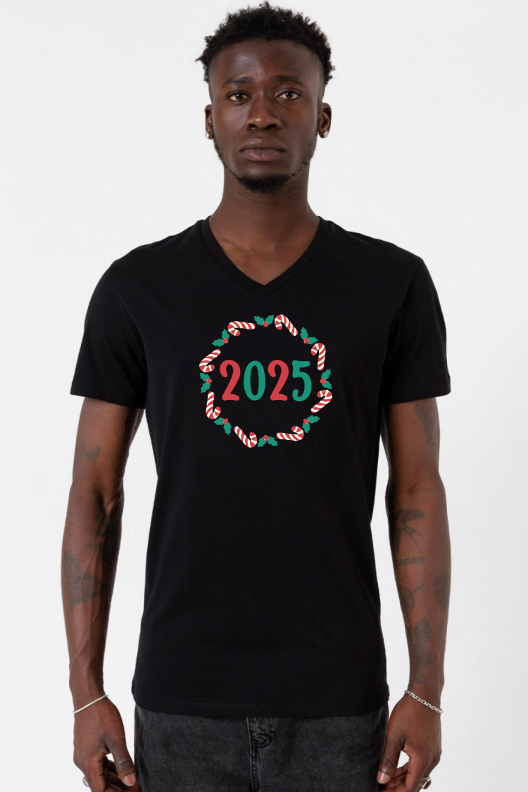 Christmas Holiday Wreath Siyah Erkek V yaka Tshirt