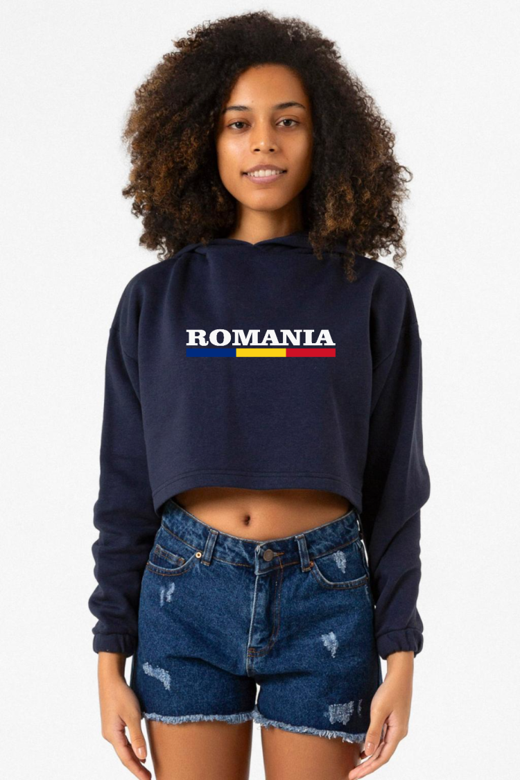 Romania Flag Lettern Lacivert Kadın Crop Kapşonlu