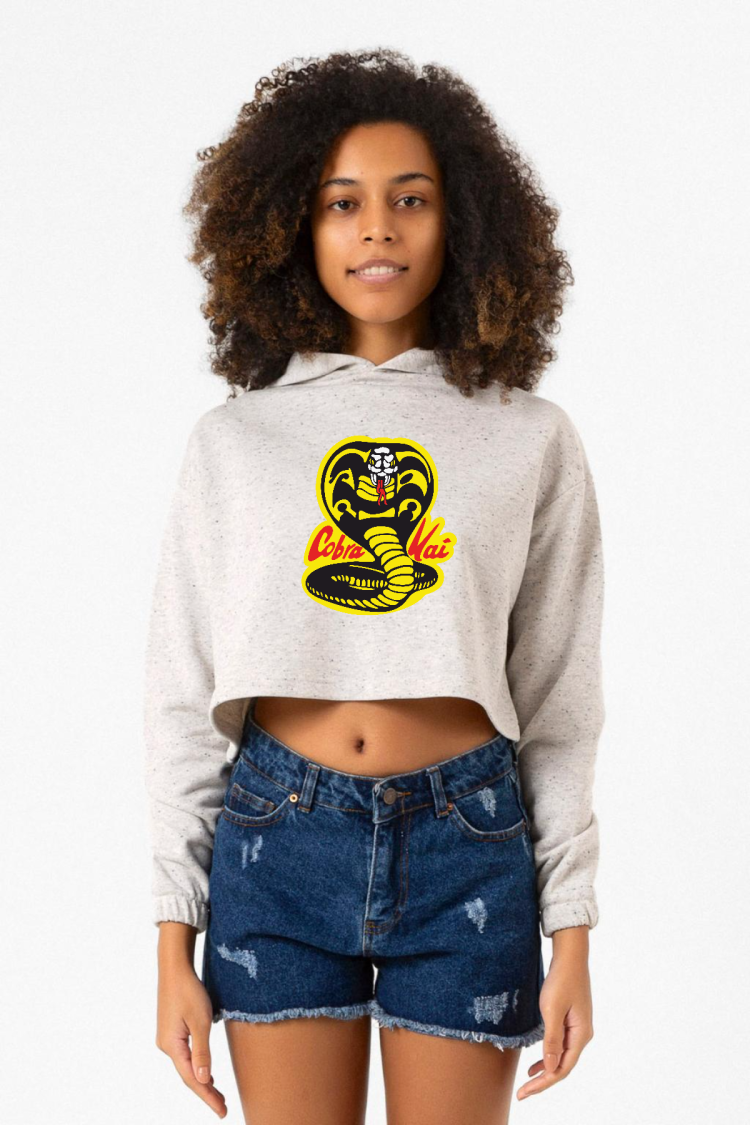 Cobra Kai Logo Beyaz Kırçıllı Kadın Crop Kapşonlu