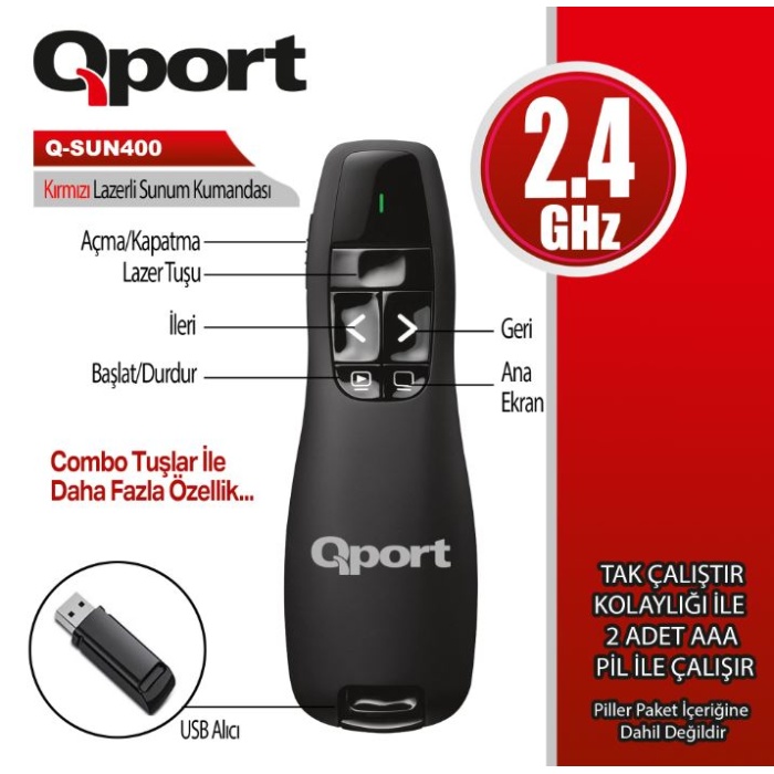 QPORT Q-SUN400 2.4 GHZ USB KIRMIZI LAZERLİ SUNUM KUMANDASI - PRESENTER