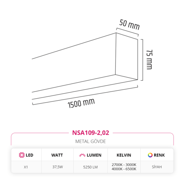 150 cm Linear Sıva Üstü Armatür Siyah