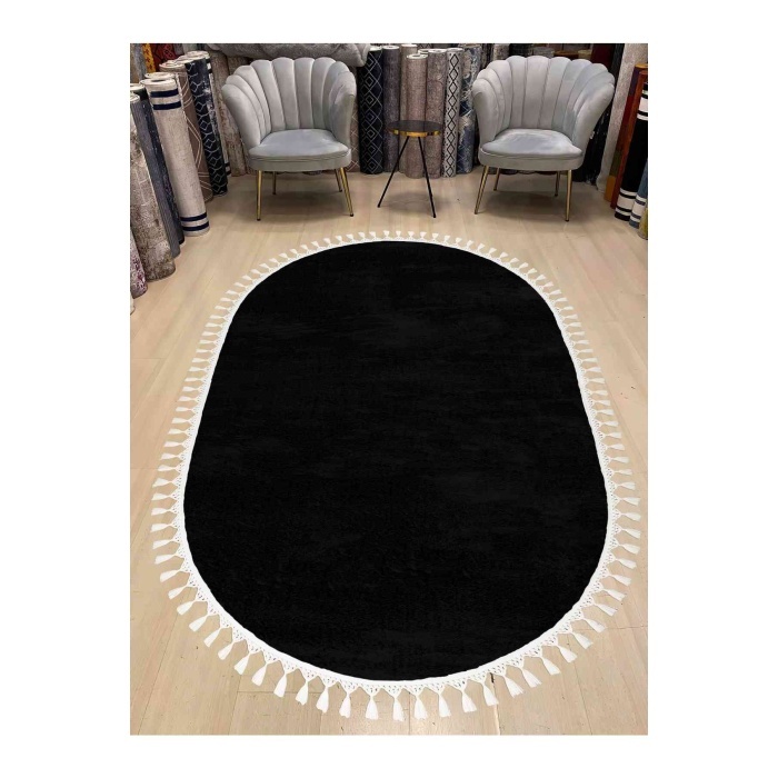 Valery Home Oval Comfort Puffy Ponpon Saçaklı Peluş Halı Siyah Renk