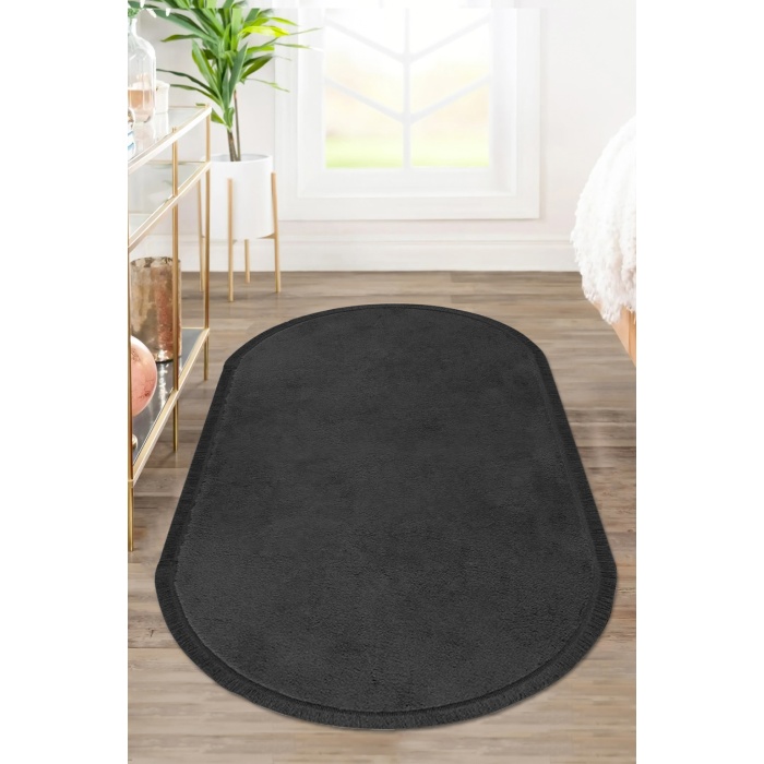 Valery Home Oval Comfort Puffy Düz Saçaklı Peluş Halı Siyah Renk