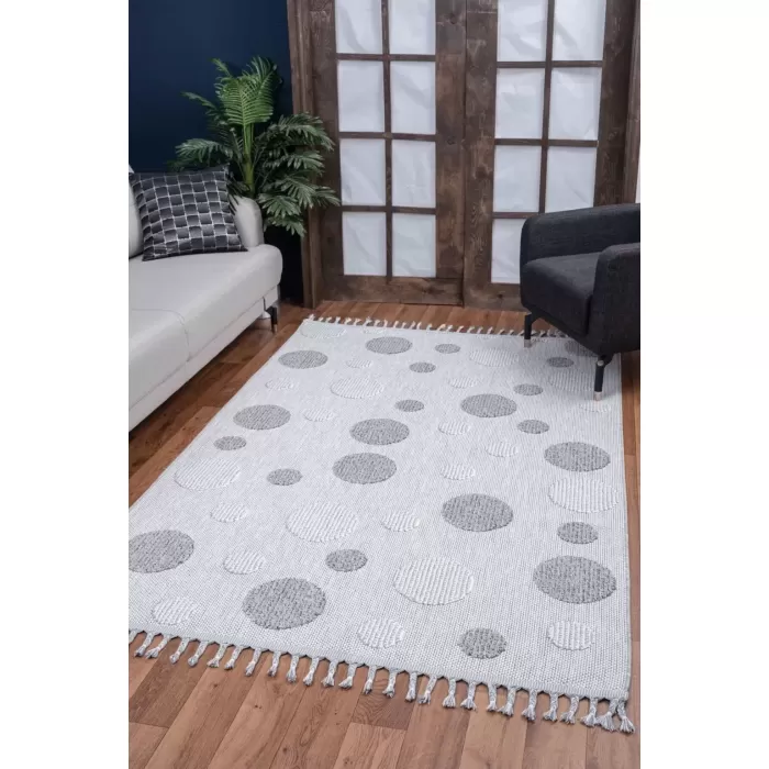 Nirvana Sisal Plus Yumuşak Dokuma Doğal Görünüm Tasarım Örgü Saçaklı Nokta Desenli Kilim