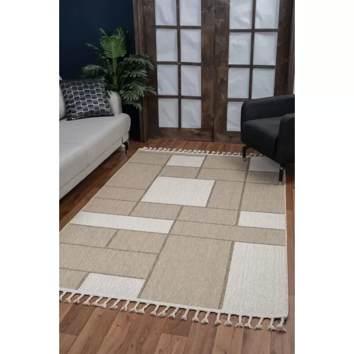 Nirvana Sisal Plus Yumuşak Dokuma Doğal Görünüm Örgü Saçaklı Geometrik Desenli Kilim