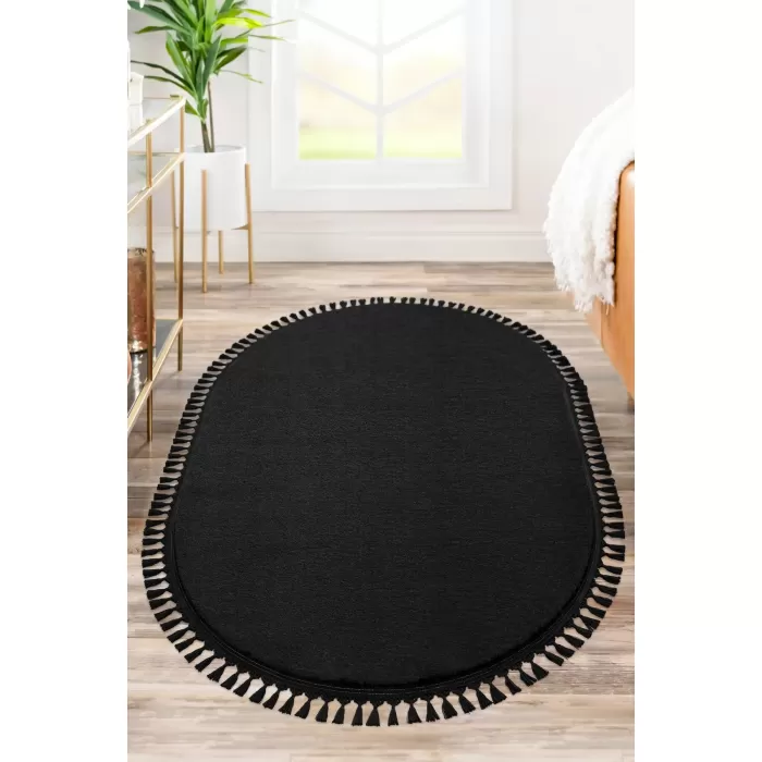 Yıkanabilir Oval Comfort Puffy Ponpon Saçaklı Peluş Yolluk Siyah Renk