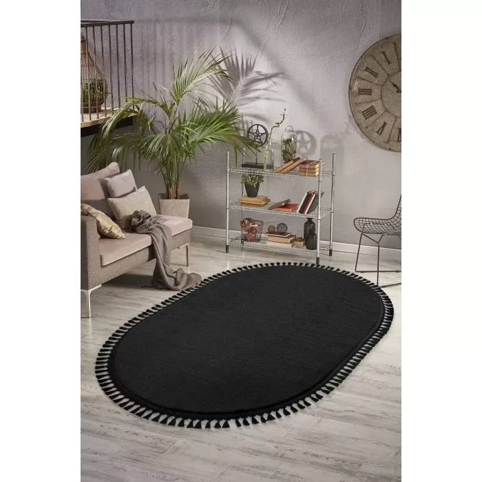 Yıkanabilir Oval Comfort Puffy Ponpon Saçaklı Peluş Yolluk Siyah Renk