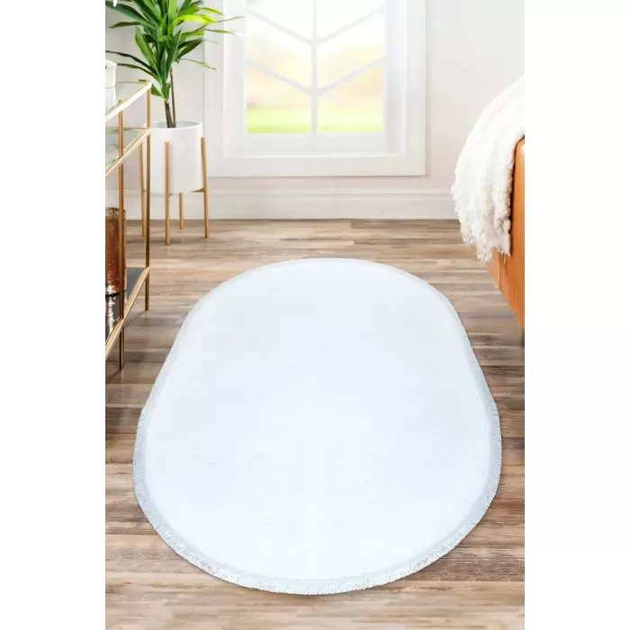 Yıkanabilir Oval Comfort Puffy Düz Saçaklı Peluş Halı Beyaz Renk