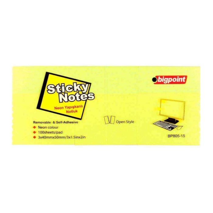 Bigpoint Yapışkanlı Not Kağıdı 3lü 40x50mm Neon Sarı