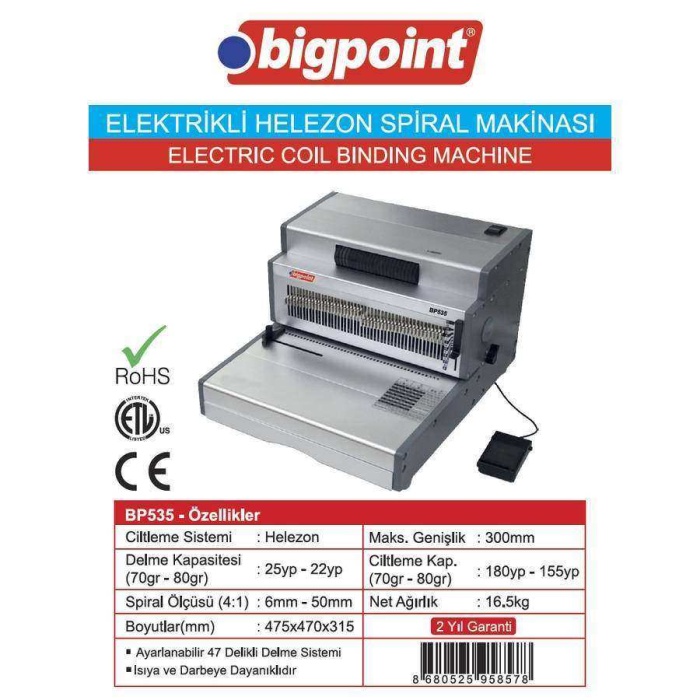 Bigpoint Elektrikli Plastik Helezon Spiral Makinesi 22 Yaprak