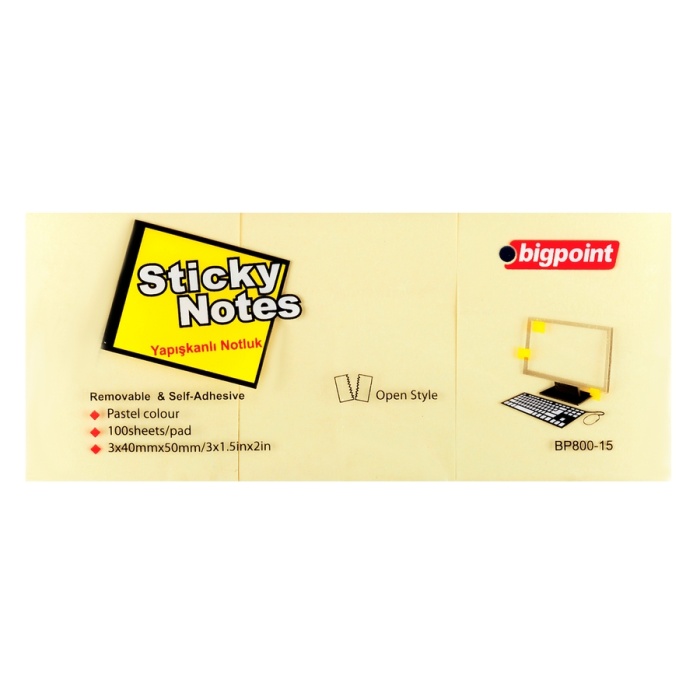 Bigpoint Yapışkanlı Not Kağıdı 3lü 40x50mm Sarı