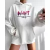 Baskılı Üç Iplik Kapüşonlu Oversize Sweatshirt - Beyaz