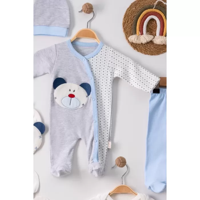 Ayıcık Nakışlı Tulumlu % 100 Pamuk Erkek Bebek 5li Set