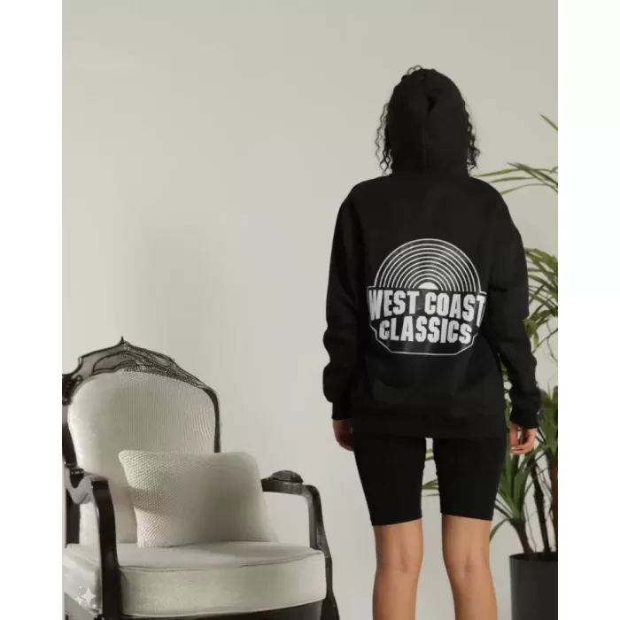 Unisex Sırt Baskılı Kapüşonlu Üç Iplik Oversize Sweatshirt - Siyah