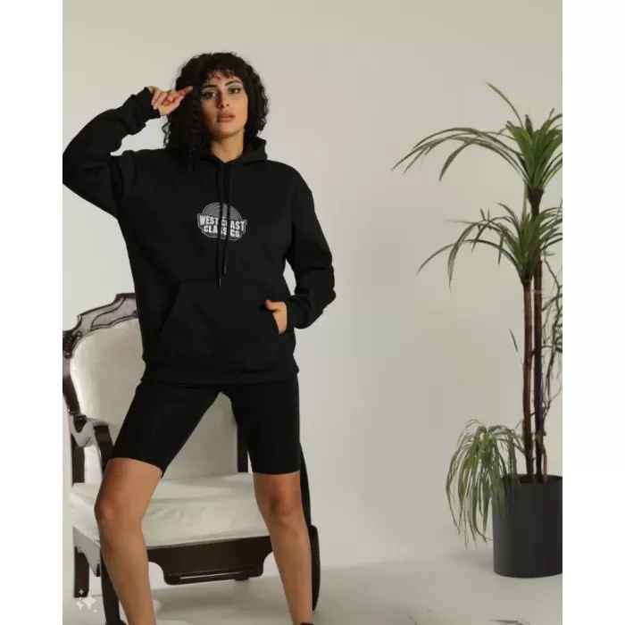 Unisex Sırt Baskılı Kapüşonlu Üç Iplik Oversize Sweatshirt - Siyah