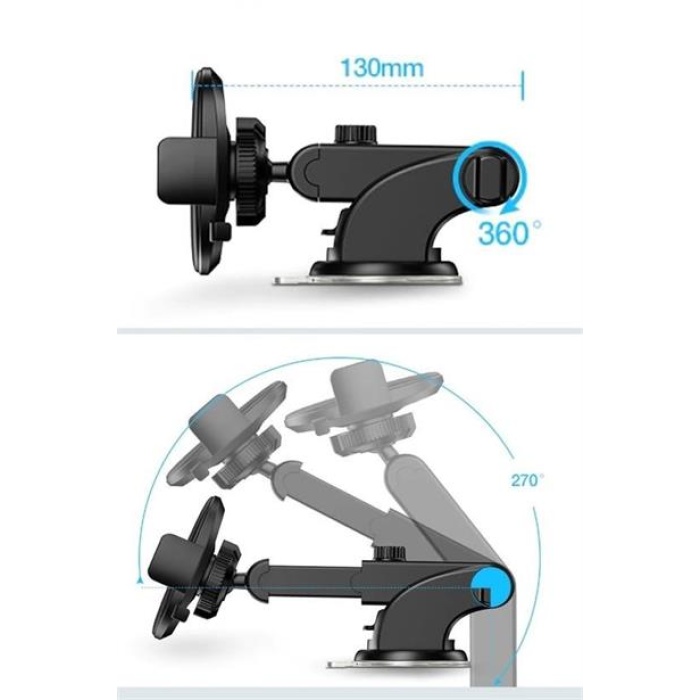 ® 360 Derece Dönen Torpido Üstü Uzunluk Ayarlamalı Vantuzlu Teleskopik Araç Telefon Tutucu
