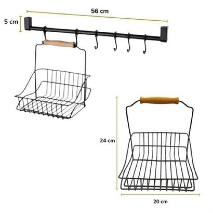 ® Retro Ferforje Askılı Siyah  Ahşap Kulplu Düzenleyici Mutfak Sepeti