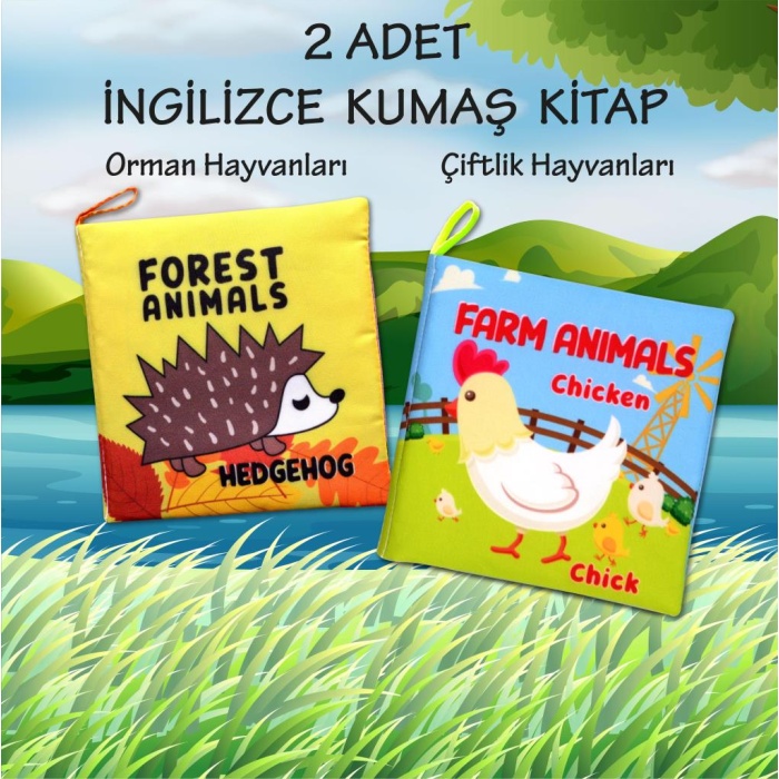 2 Kitap  Ingilizce Orman Hayvanları Ve Çiftlik Hayvanları Kumaş Sessiz Kitap