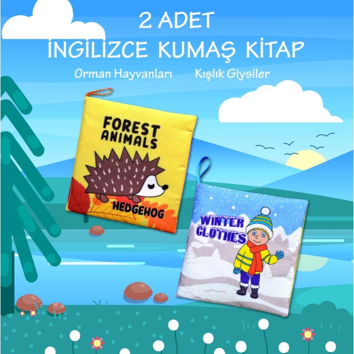 2 Kitap  Ingilizce Orman Hayvanları Ve Kışlık Giysiler Kumaş Sessiz Kitap