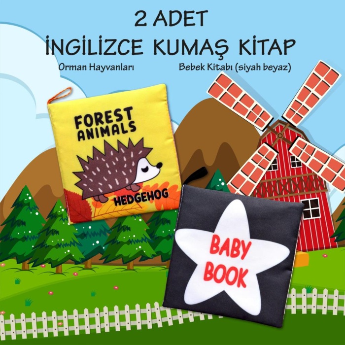 2 Kitap  Ingilizce Orman Hayvanları Ve Siyah Beyaz Bebek Kumaş Sessiz Kitap