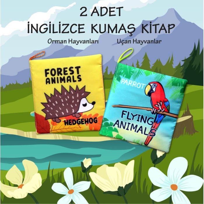 2 Kitap  Ingilizce Orman Hayvanları Ve Uçan Hayvanlar Kumaş Sessiz Kitap