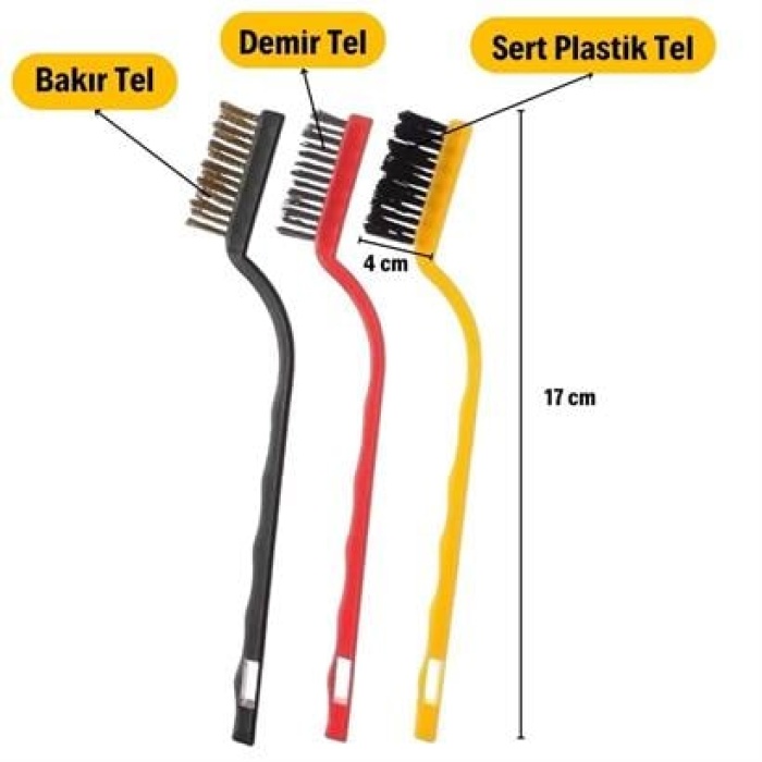 ®  3 Lü Detaylı Temizlik Bakır,demir Ve Sert Plastik Tel Fırça