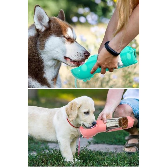 ® Taşınabilir Hazneli Mama Kaplı ,kaka Poşetli Kedi,köpek Suluğu-300Ml