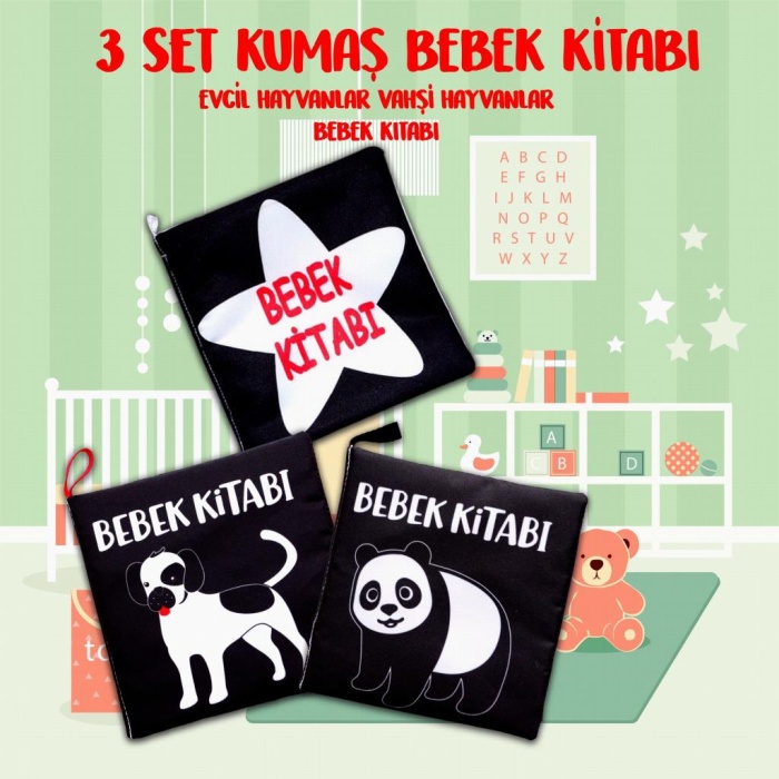 3 Kitap  Siyah-Beyaz Evcil, Vahşi Hayvanlar Ve Bebek Kumaş Sessiz Kitap