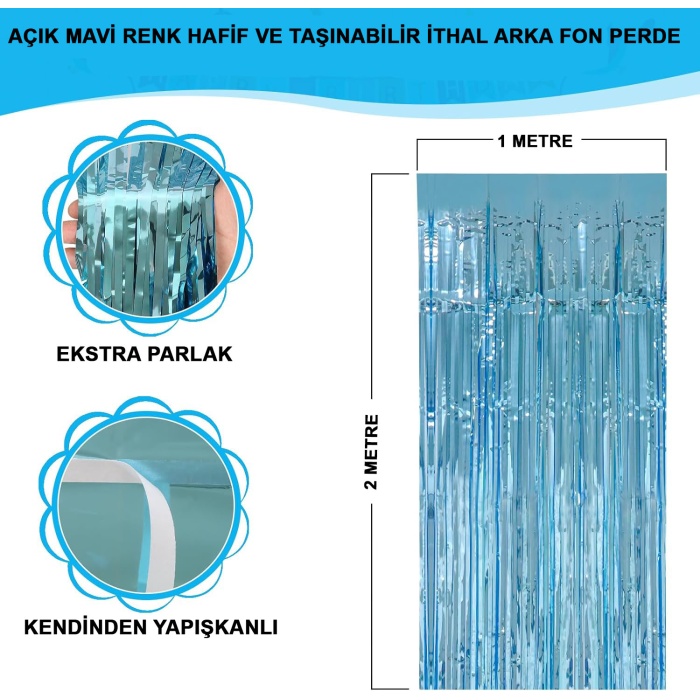 Açık Mavi Renk Ekstra Metalize Parlak Saçaklı Arka Fon Perde İthal  1X2 Metre