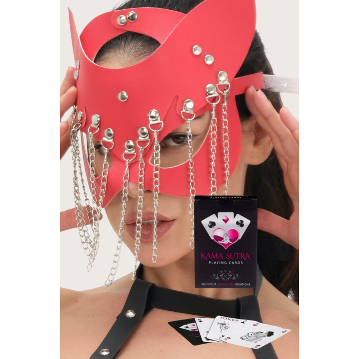 Görselli Oyun Kartı Kama Sutra Kendinden Kulaklı Deri Maske Ve Model Babdoll Ikili Set Bk1072