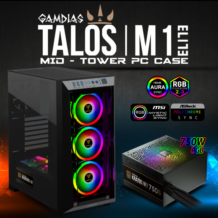 Gamdias Talos M1 Elite, 750W, Tempered Glass, Argb, 80+ Bronze, Atx Gaming Kasa