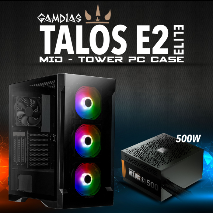 Gamdias Talos E2 Elite, 500W, Tempered Glass, Argb, Atx Gaming Kasa