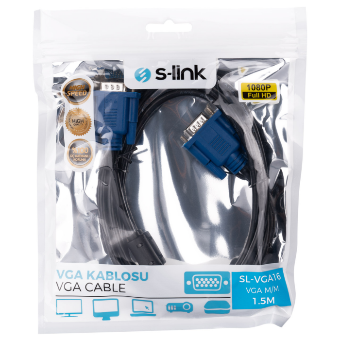 Sl-Vga16, 15Pin, İki Ucu Erkek, 1.5Mt, Vga Kablosu