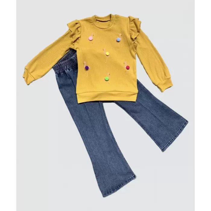 4-5-6 Yaş Kot Pantolonlu Flamingo Desenli Penye Sweat Uzun Kollu 2Li Kız Çocuk Takımı Hardal