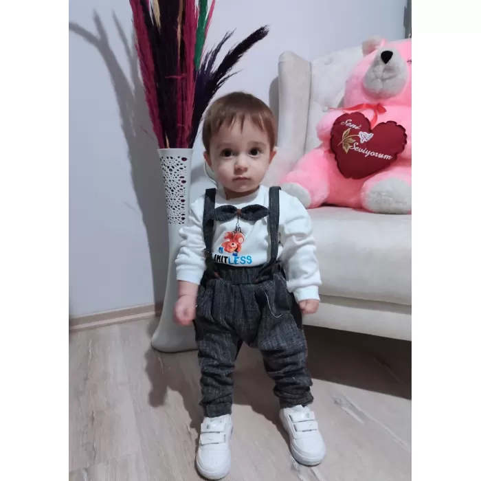 9-12-18 Ay Papyonlu Sweat Kot Pantolon 2Li Erkek Bebek Salopet Takımı